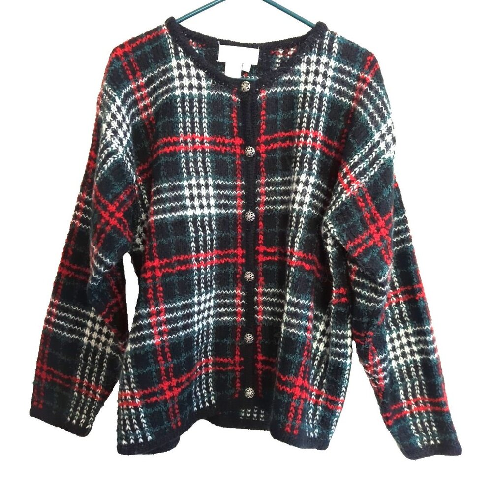 VTG id Distinctions Size L Button Up Plaid Mohair Blend Cardigan Sweater-lp289